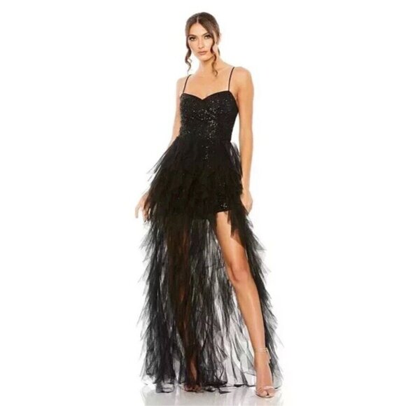 MAC DUGGAL Size 8 Black 27119 Sequin Mini High Low Ruffle Tiered Train Prom Gown - Picture 1 of 11